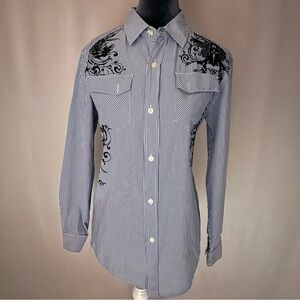 Men's Blue Striped Shirt with  Grunge Style Embroidery